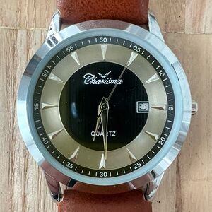 Charisma mens silver tone brown leather dress watch NEW BATTERY